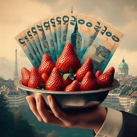 Die Hand eines Kellners reicht eine Schüssel mit Geldnoten und Erdbeeren.